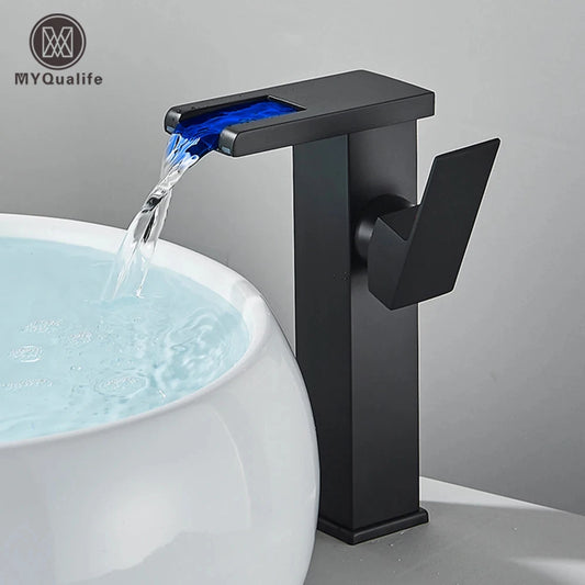 Black Tall LED Waterfall Basin Bathroom Faucet