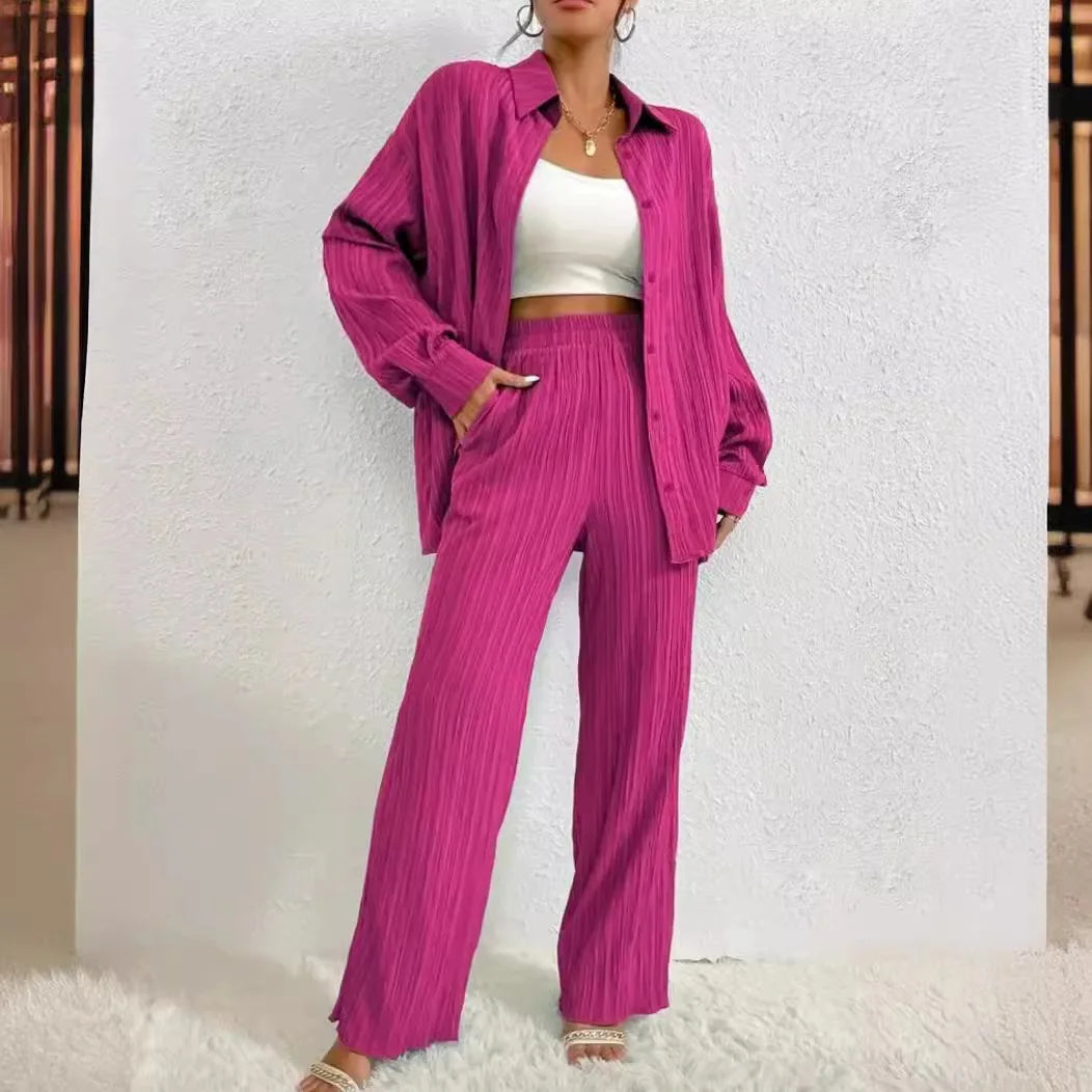 Women's Pleated Pajama Set Solid Spring Autumn Ladies Sleepwear 2 Pcs with Pant Single Breasted Loose Pyjama Suit for Female