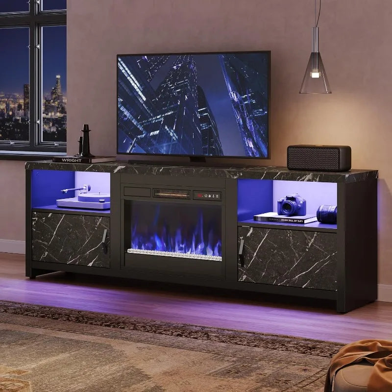 Modern Entertainment Center with LED Lights, Storage Cabinets and Adjustable Shelves