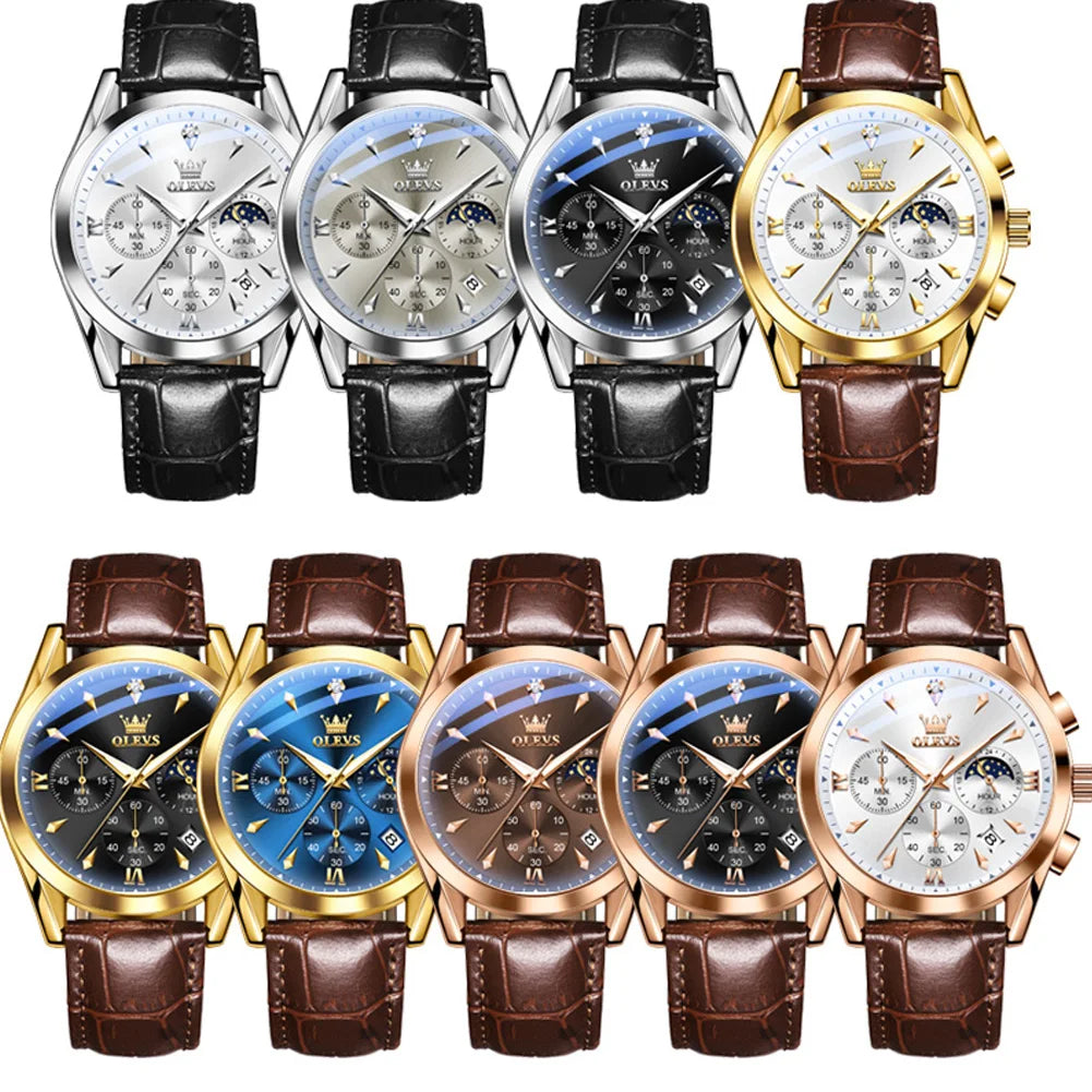 Waterproof Moon Phase Luminous Quartz Watches for Men