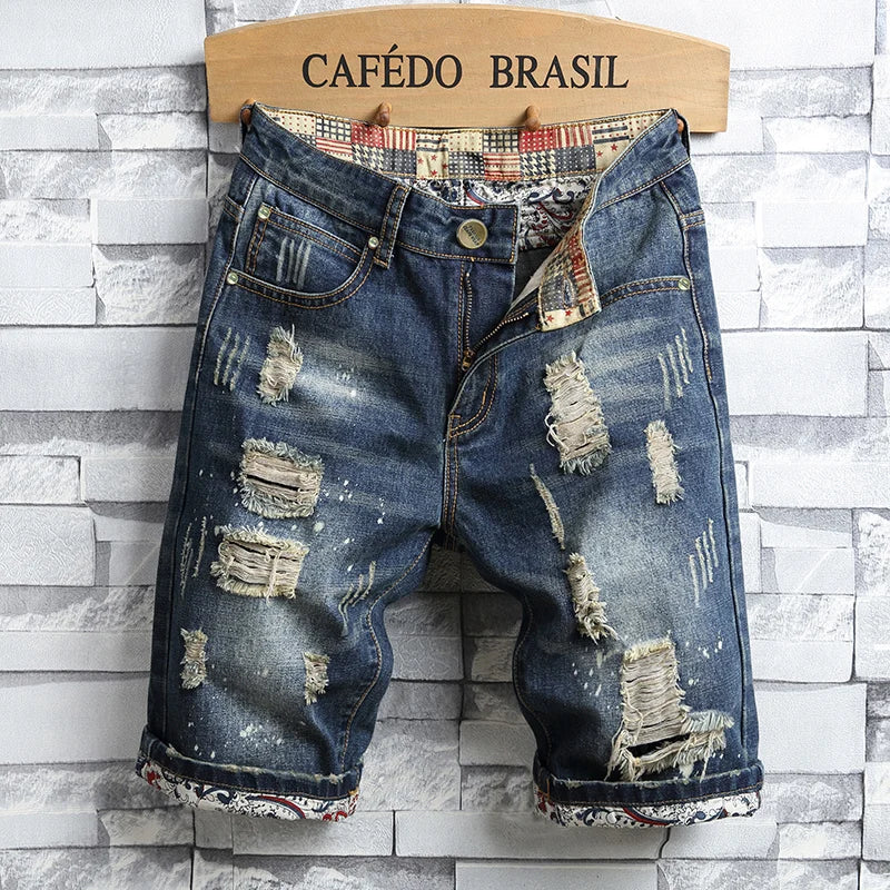 2024  Blue Men's Ripped Jeans Shorts