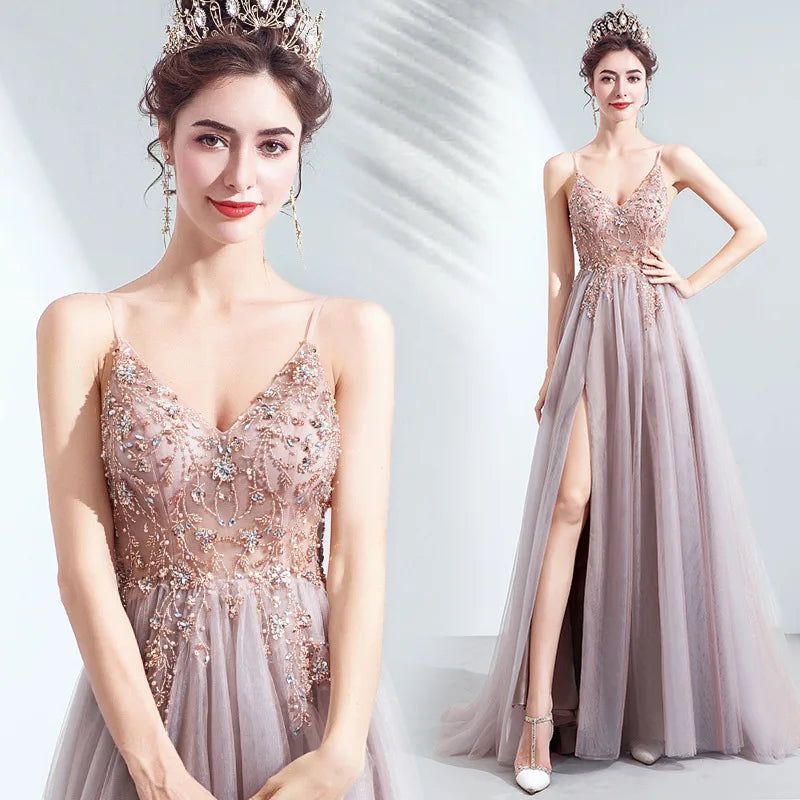 2024 New Elegant Sexy Pink V Neck  Evening Dress