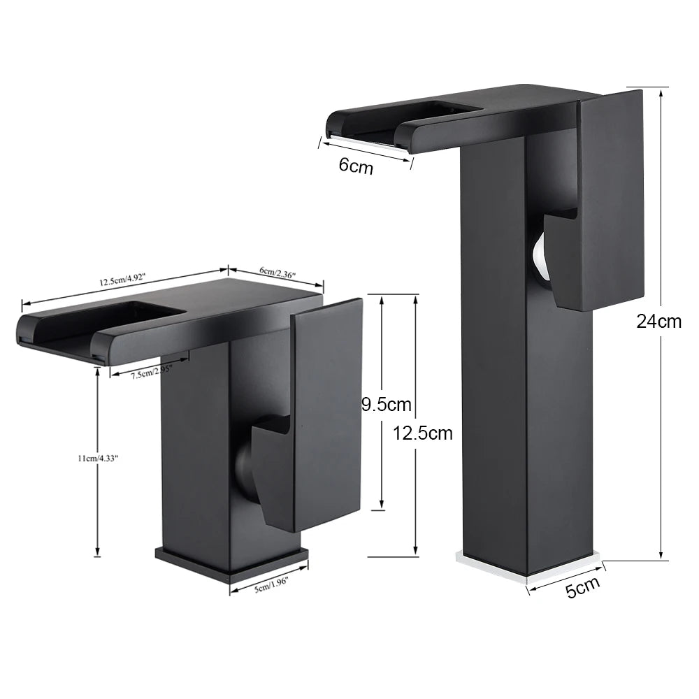 Black Tall LED Waterfall Basin Bathroom Faucet