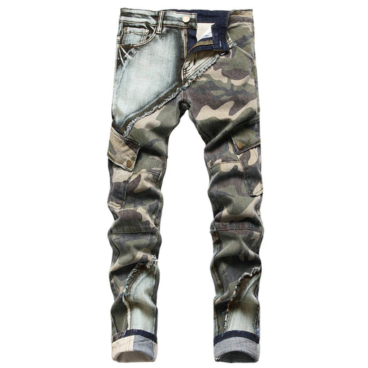 Men's Vintage Distressed Camouflage  Ripped Patchwork Jeans