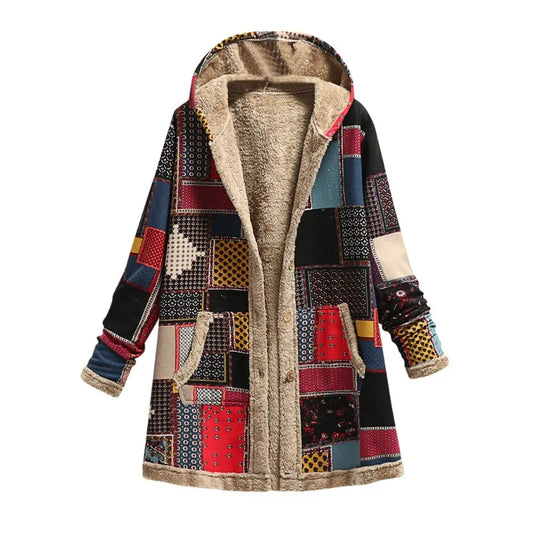 Winter Vintage Women Coat Warm Printing Thick Fleece