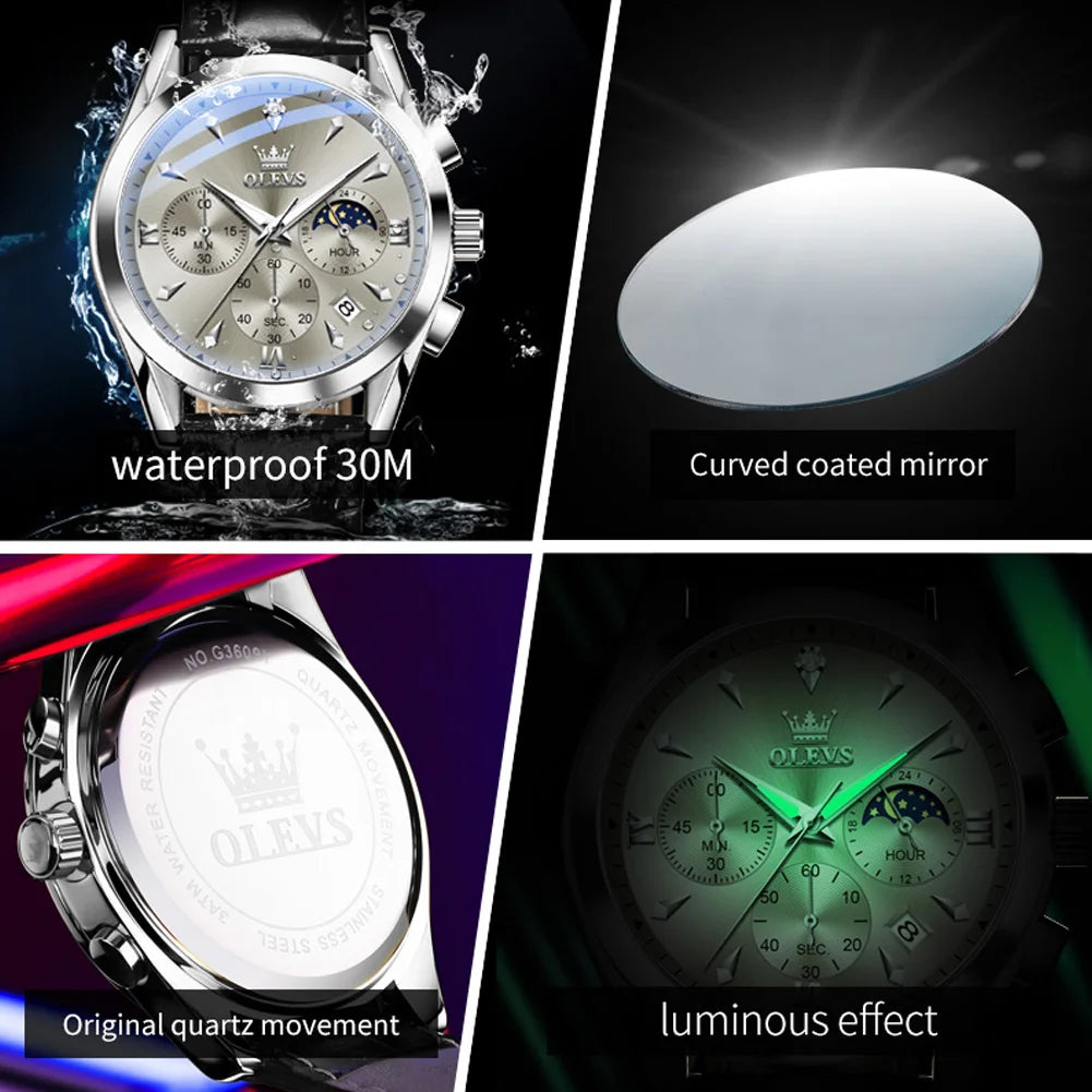 Waterproof Moon Phase Luminous Quartz Watches for Men