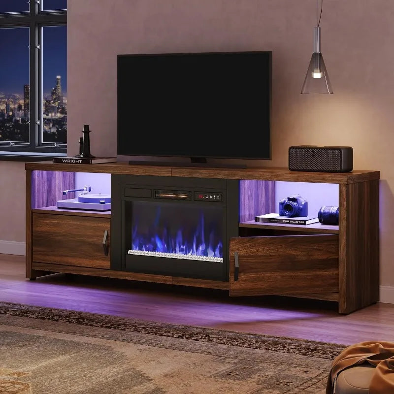 Modern Entertainment Center with LED Lights, Storage Cabinets and Adjustable Shelves