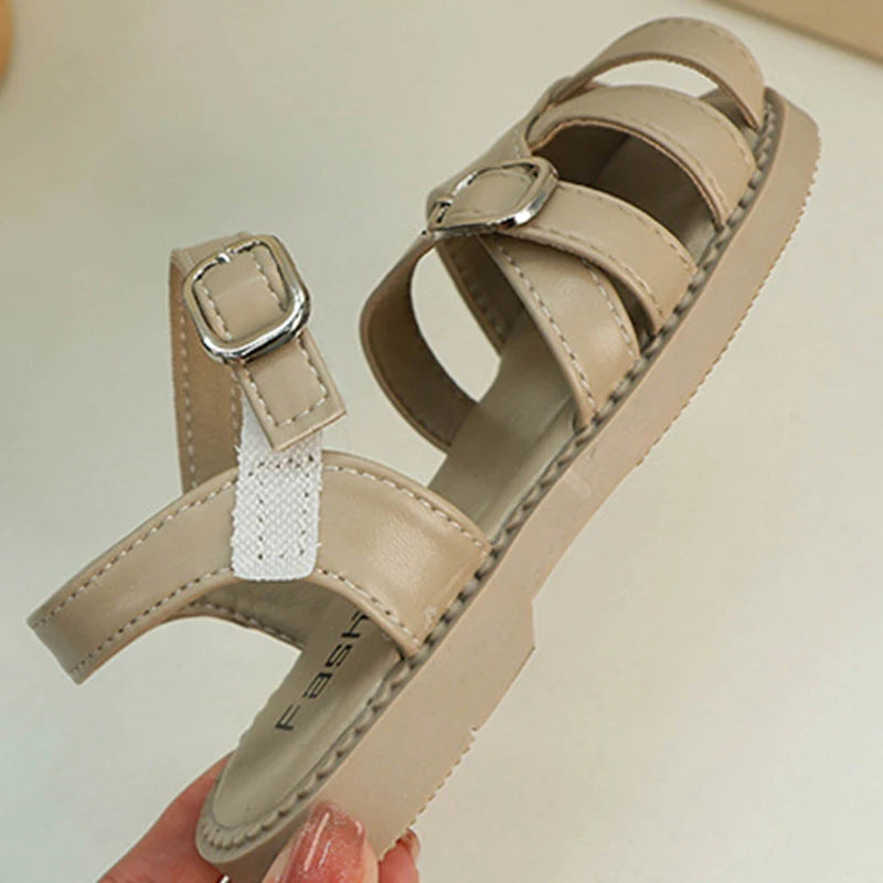 2024 Summer New Hollow Sandals Casual Roman Shoes for Girls Medium Large Children Leather Slippers Baby Fashion Outdoor Sandals