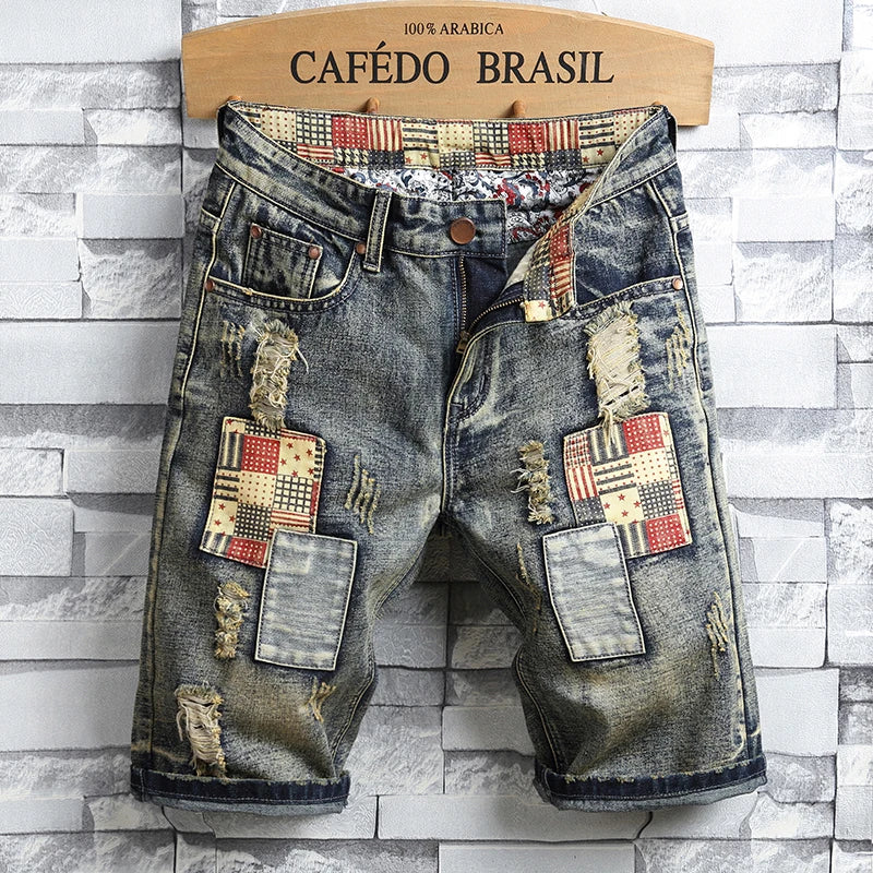 2024  Blue Men's Ripped Jeans Shorts