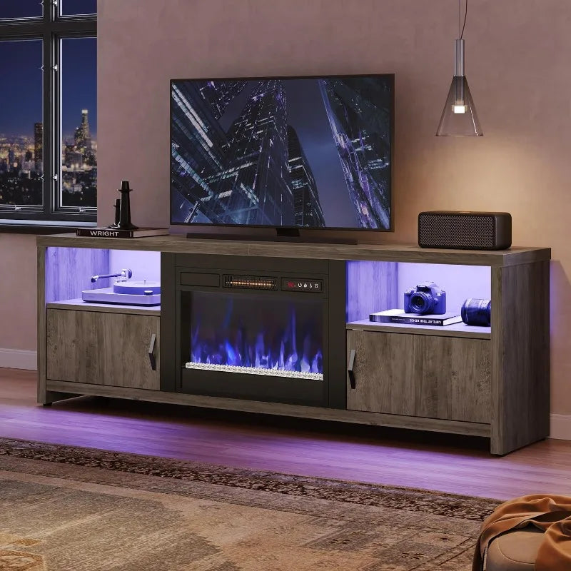 Modern Entertainment Center with LED Lights, Storage Cabinets and Adjustable Shelves