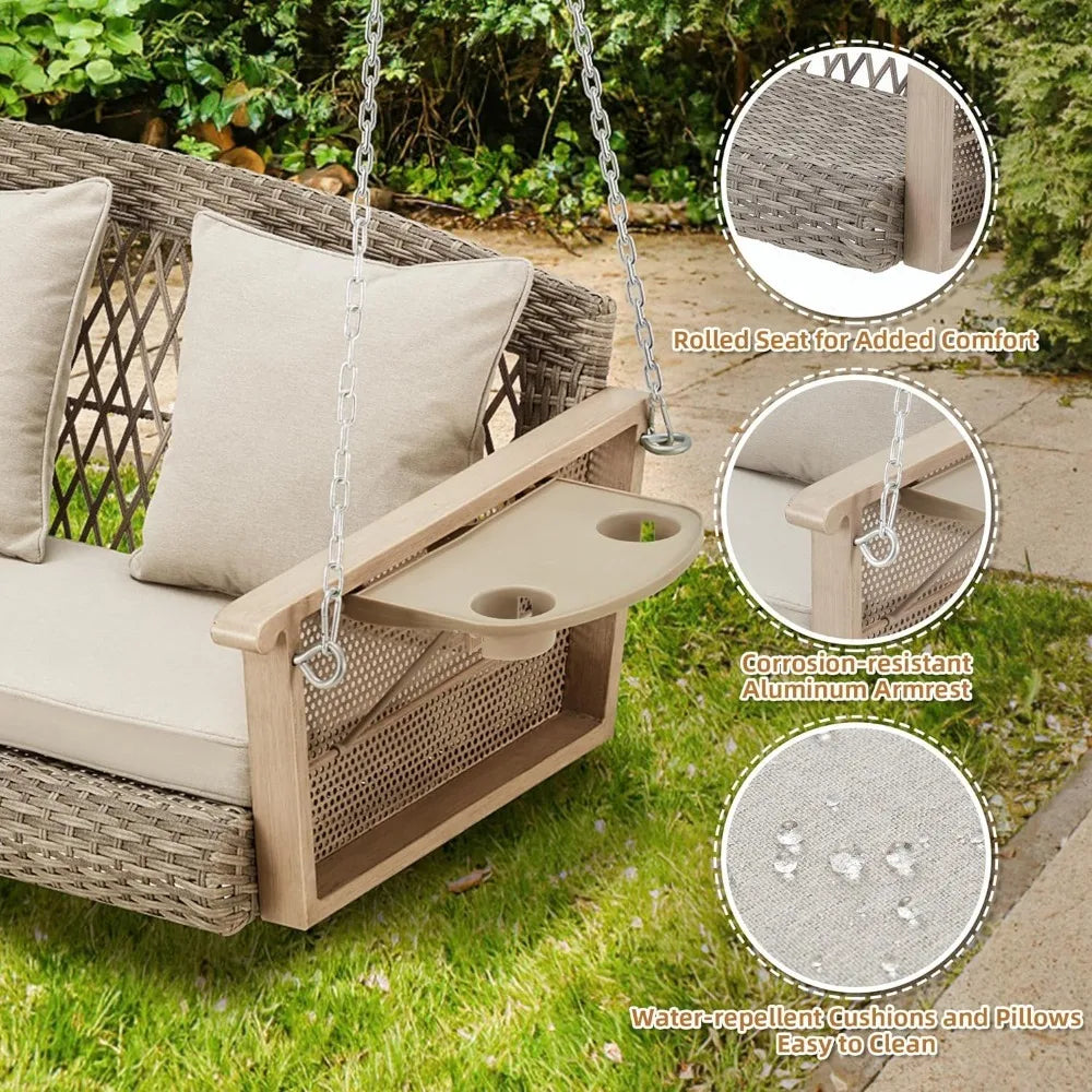 Patio Swing, 55in Wicker Hanging Swings Bench with Cushions Cupholders, Patio Swing