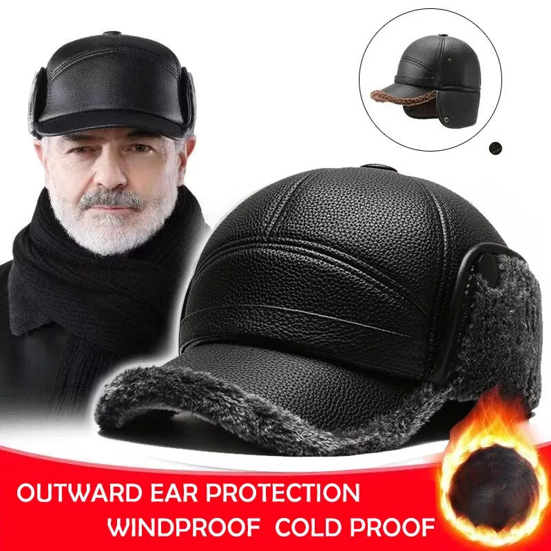 Men's Warm PU Leather Baseball Cap with Ear Flaps