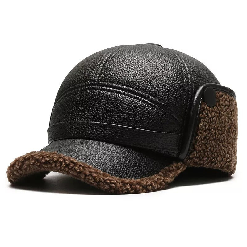 Men's Warm PU Leather Baseball Cap with Ear Flaps