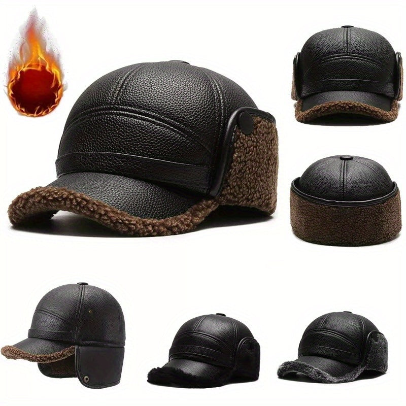 Men's Warm PU Leather Baseball Cap with Ear Flaps