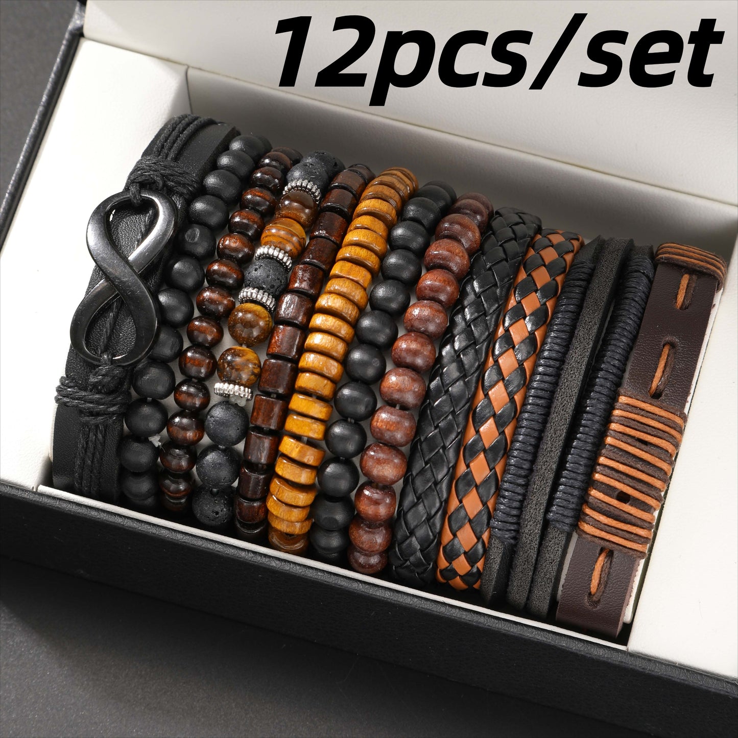 12pcs Vintage Bracelet Set - Braided Leather, Tiger Eye & Moonstone Beads