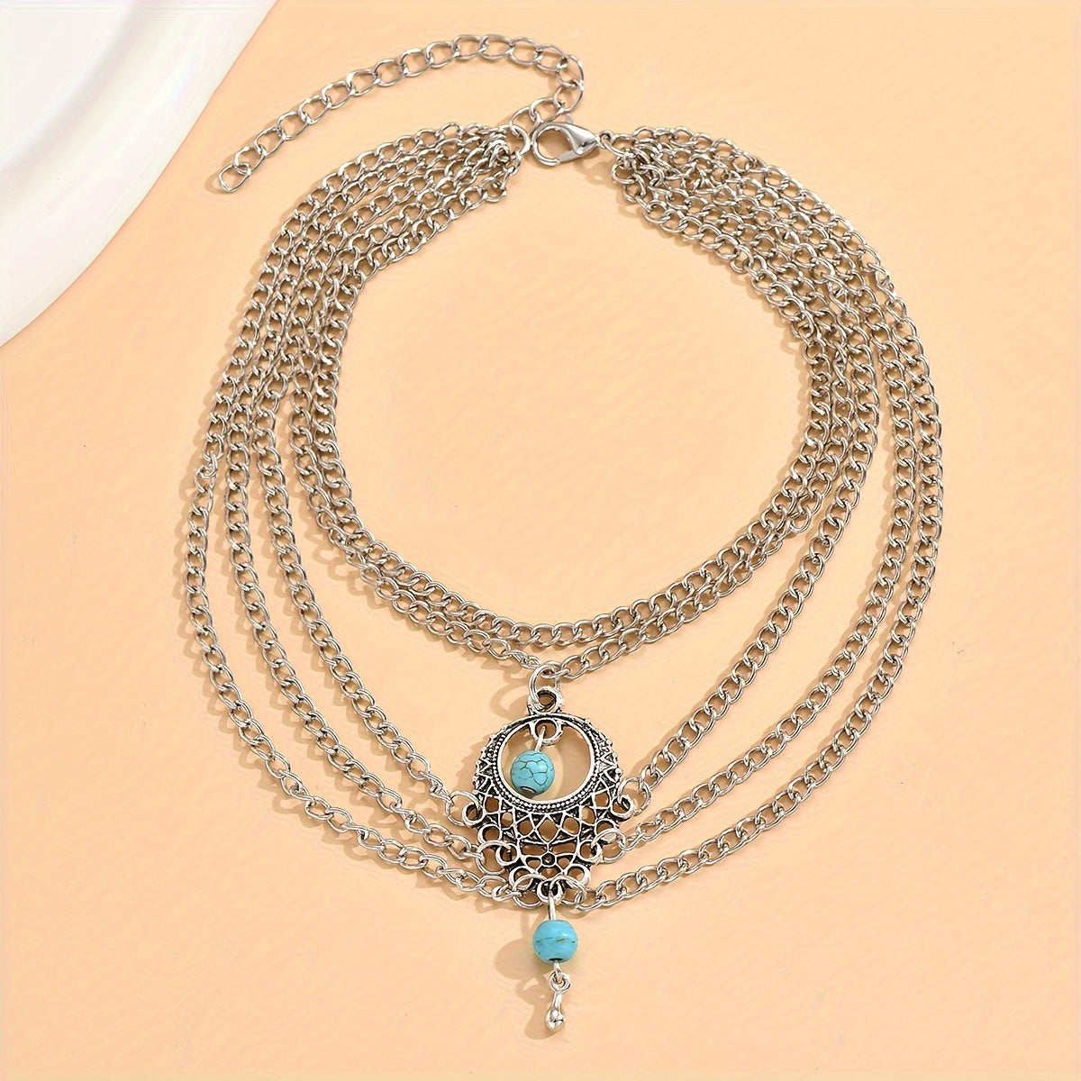 2 pieces of Bohemian vintage layered chain ankles with turquoise bead pendants