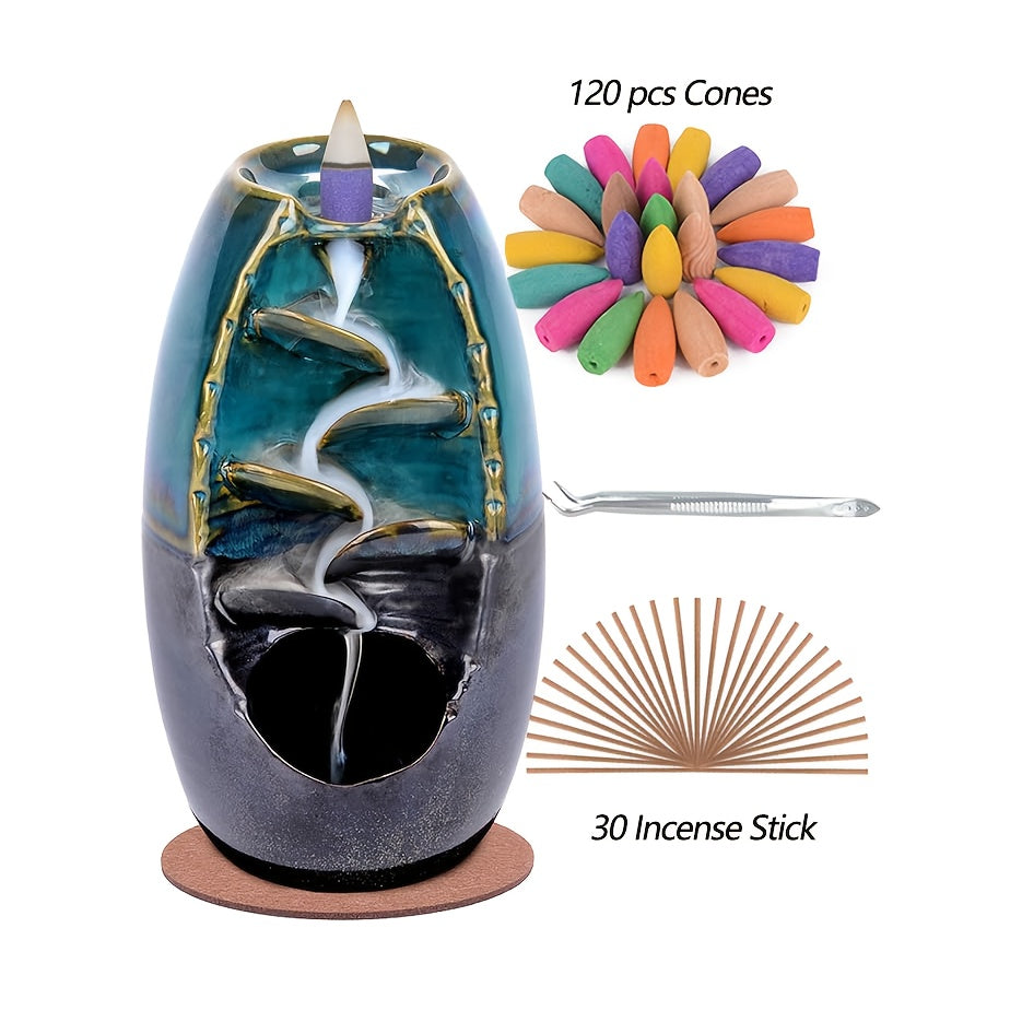 120-Count Backflow Incense Cones & 30 Incense Sticks Included, 2-Sided Waterfall Incense Burner, Aromatherapy Ornament