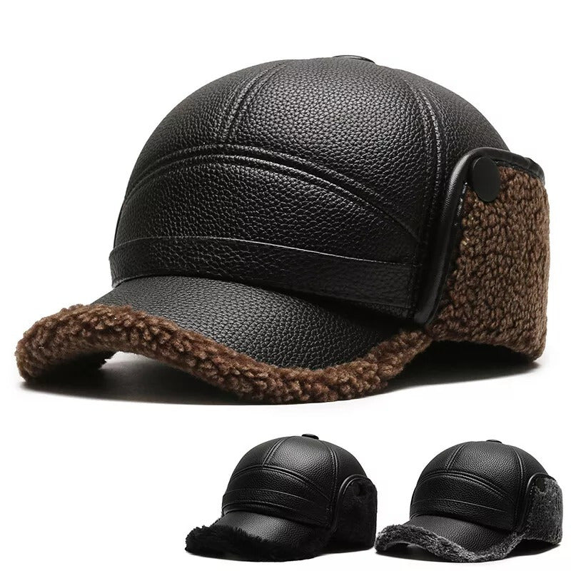 Men's Warm PU Leather Baseball Cap with Ear Flaps