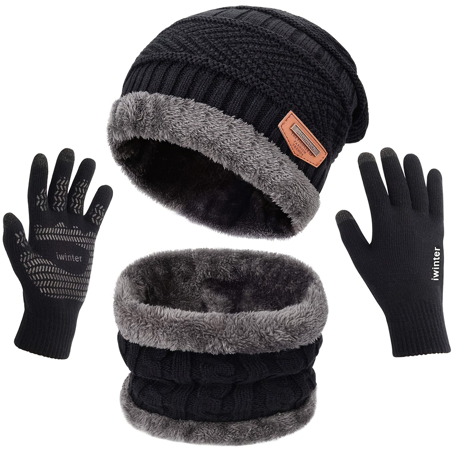 3pcs Winter Set: Cozy Fleece-Lined Knit Beanie, Neck Warmer Scarf & Touchscreen Gloves - Black