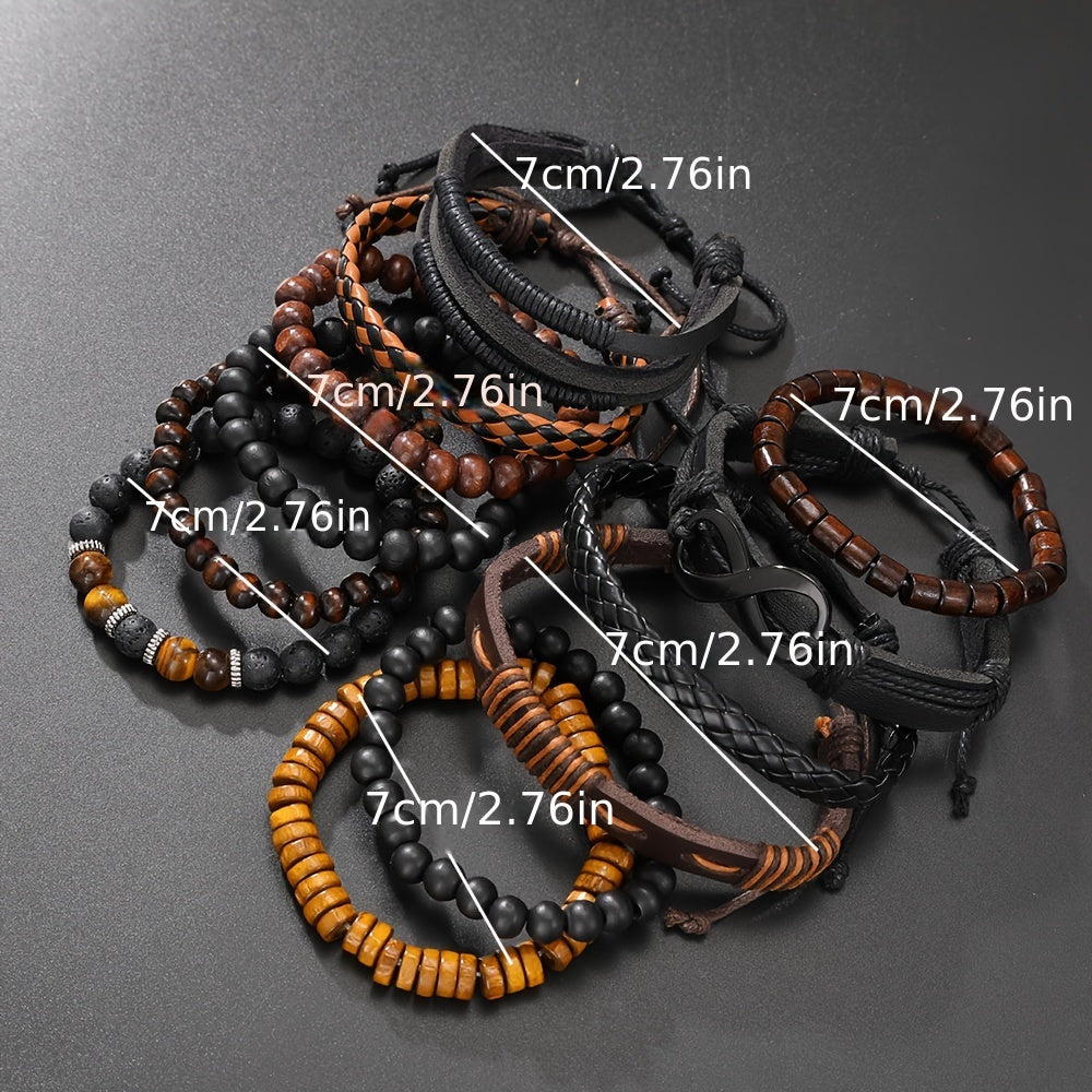 12pcs Vintage Bracelet Set - Braided Leather, Tiger Eye & Moonstone Beads