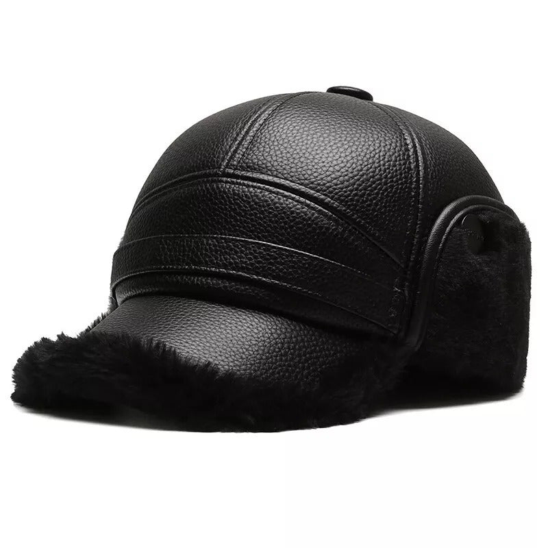 Men's Warm PU Leather Baseball Cap with Ear Flaps