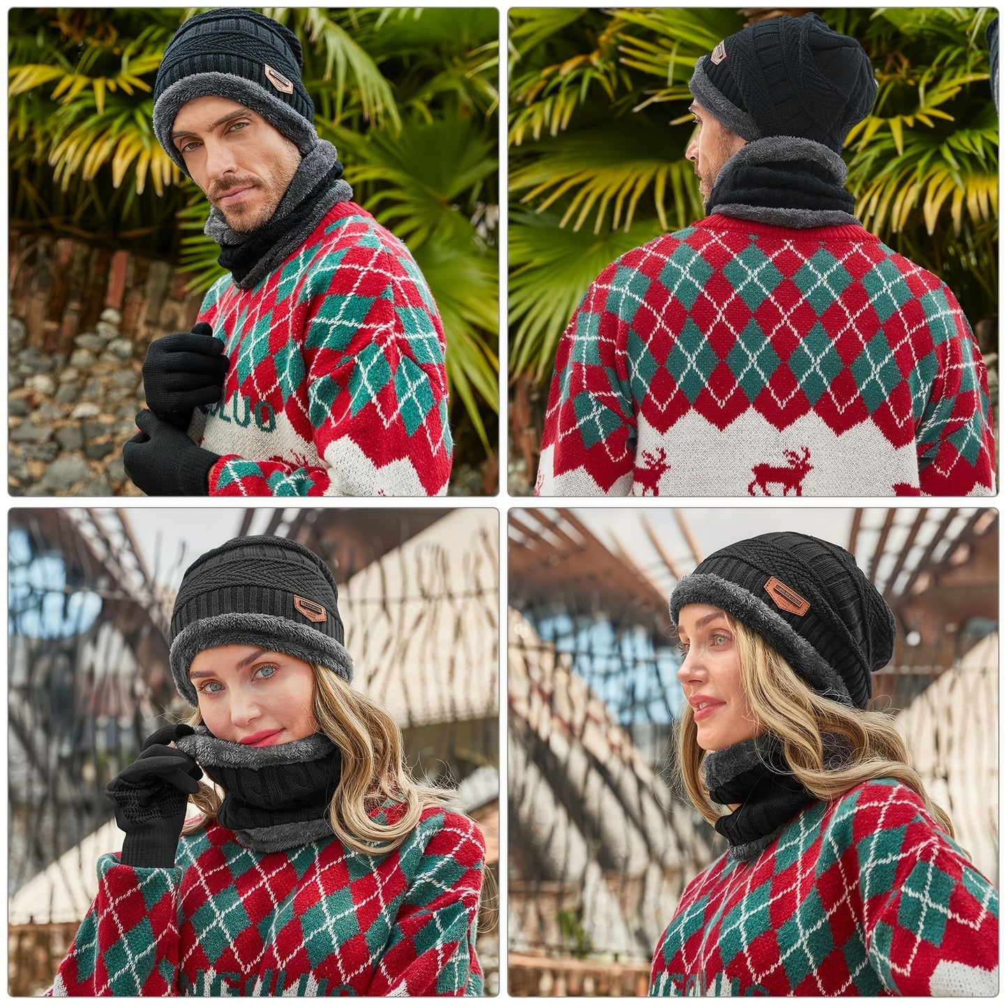 3pcs Winter Set: Cozy Fleece-Lined Knit Beanie, Neck Warmer Scarf & Touchscreen Gloves - Black