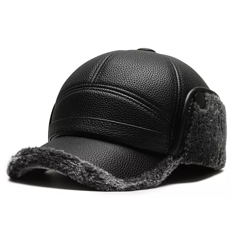 Men's Warm PU Leather Baseball Cap with Ear Flaps